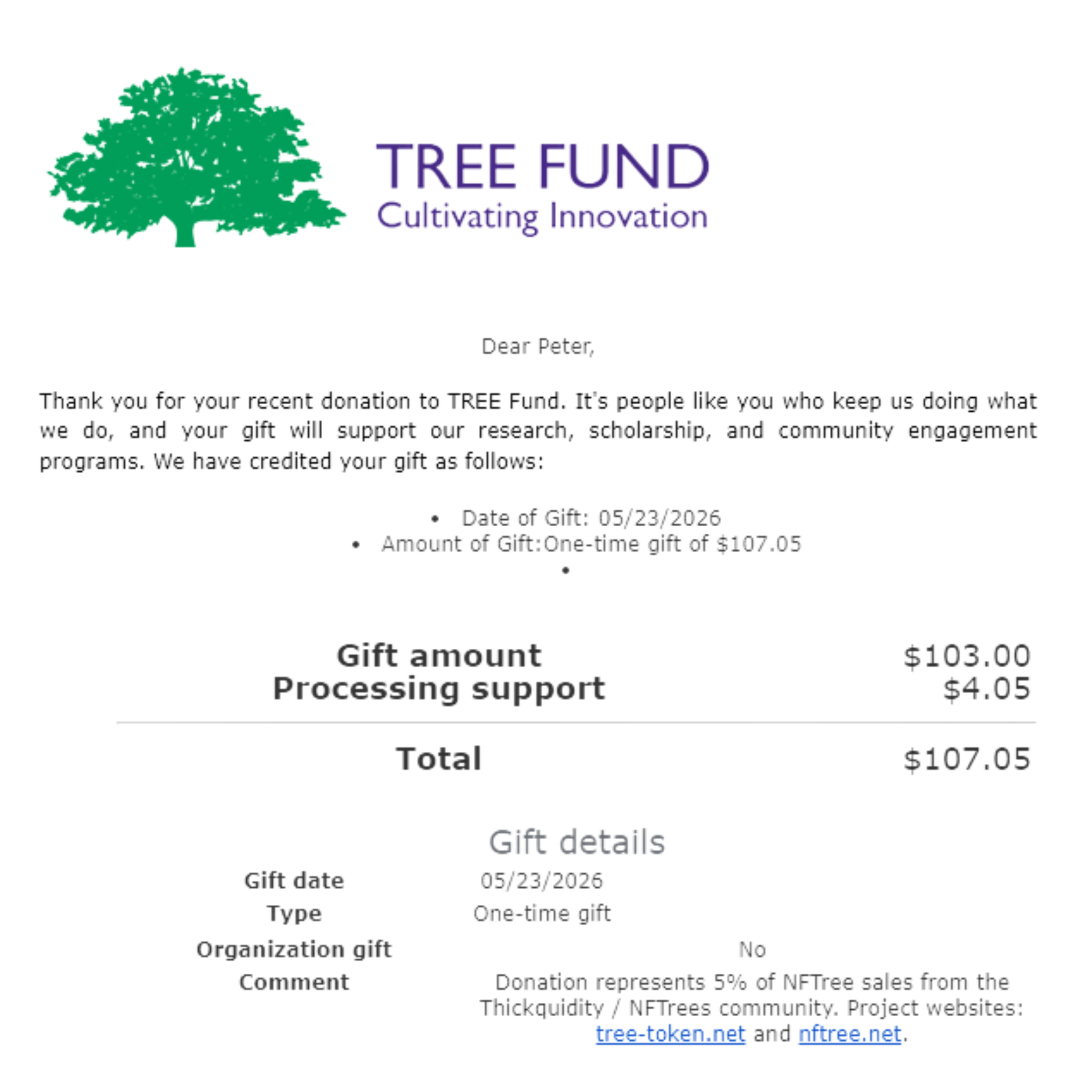 Official TREE Fund donation acknowledgment dated May 23, 2026